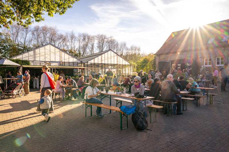Eventlocation in Münster mit Outdoorbereich auf Haus Coerde. Man sieht auf dem Foto eine Feier, bei Sonnernschein und mehrere Menschen auf Bierbänken.