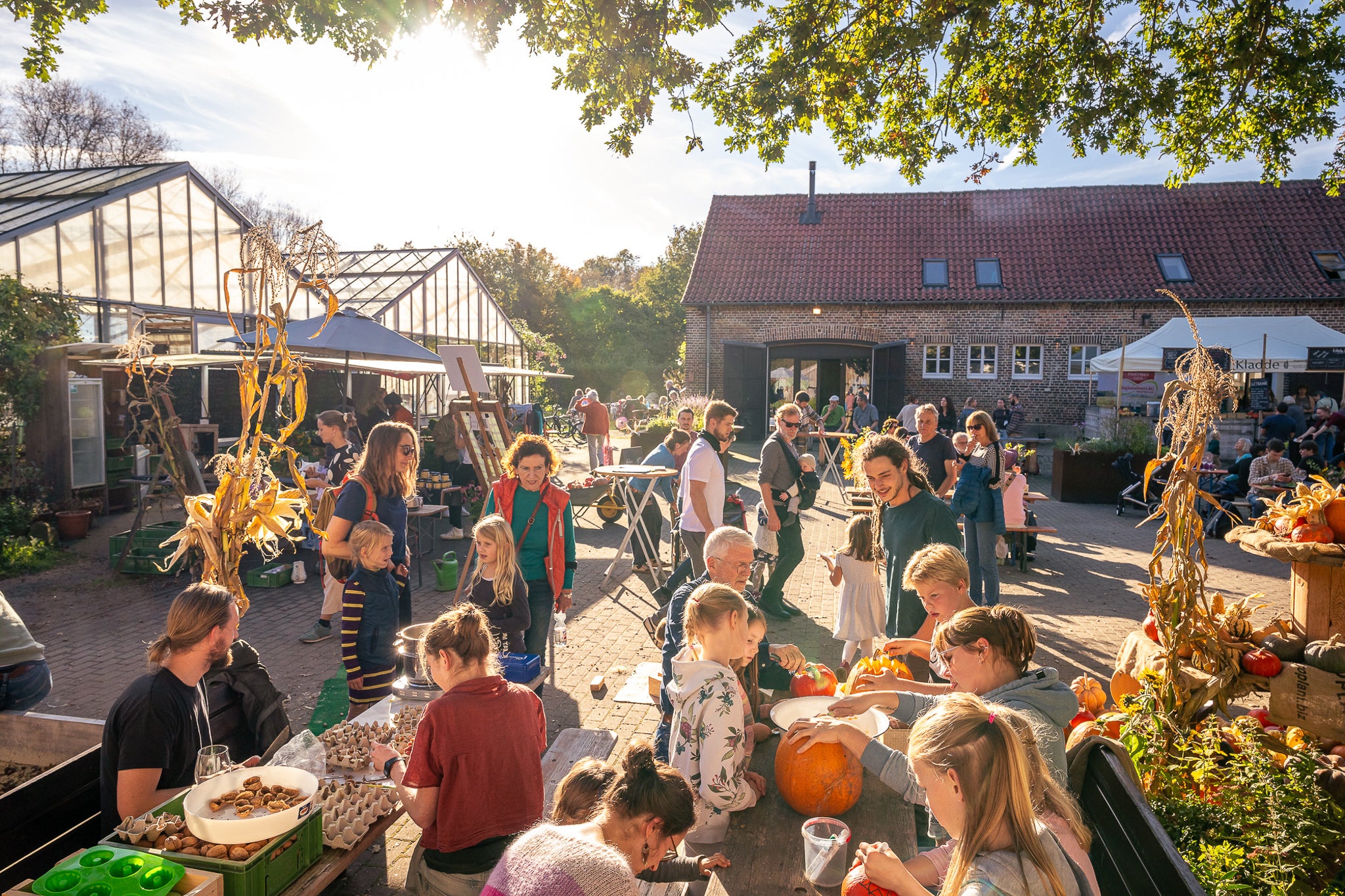 Eventlocation in Münster, Outdoorveranstaltung bei schönem Sonnenschein. Kinder schnitzen Kürbisse. An einem anderen Tisch werden Wallnüsse geknackt. Im Hinergrund stehen Biertische mit Menschen dran und einige Stehtische. Hinten sieht man die Location von Eckels Kladde und einen Außenverkaufsstand mit Überdachung.