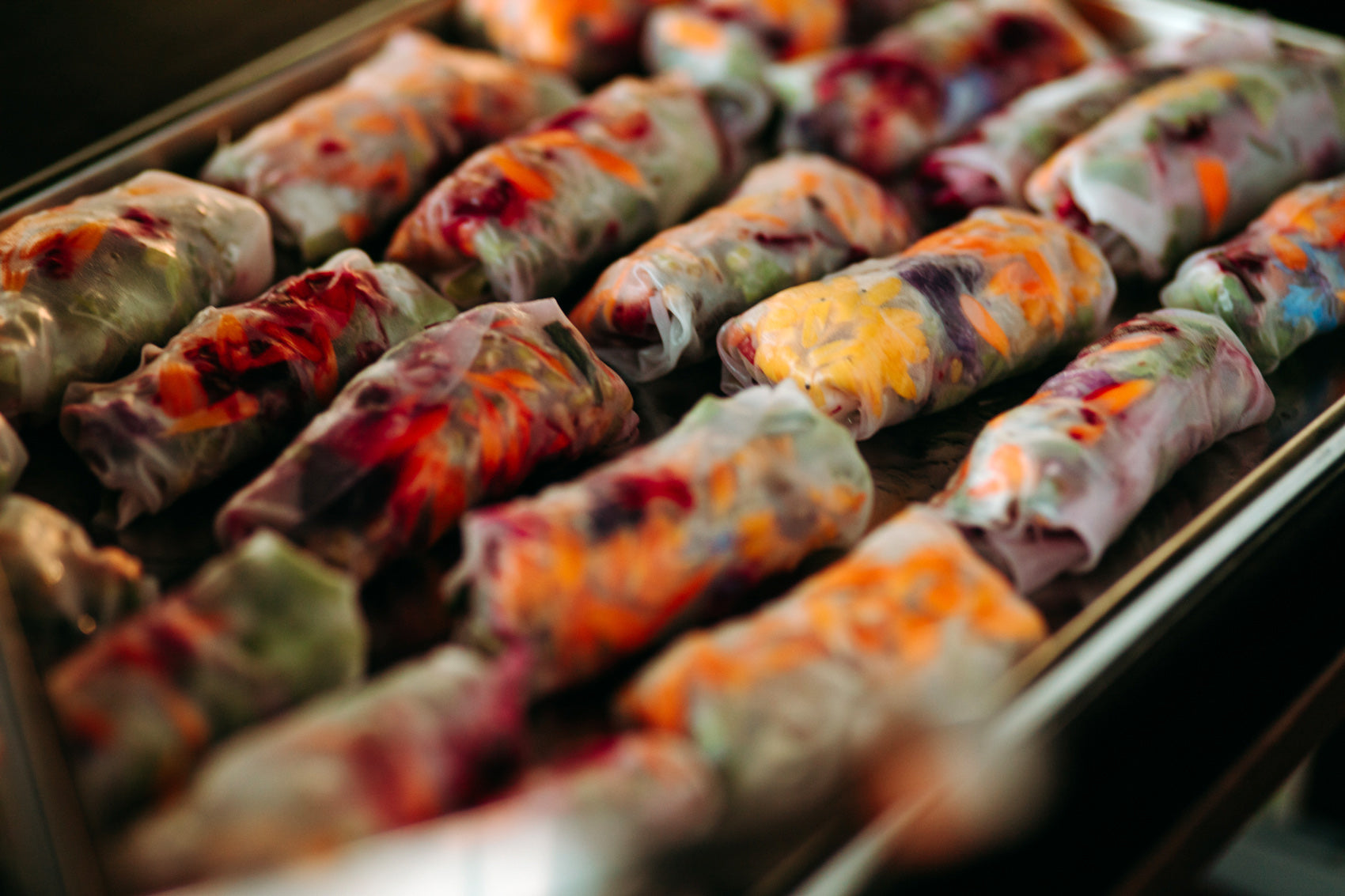 Summerrolls – in Reipapier eingerolltes  und buntes Gemüse. Ganz viele auf einer Platte